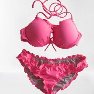 Victoria's Secret Women's Capri Ruffle Cheeky Swim Bikini Hot Pink Set